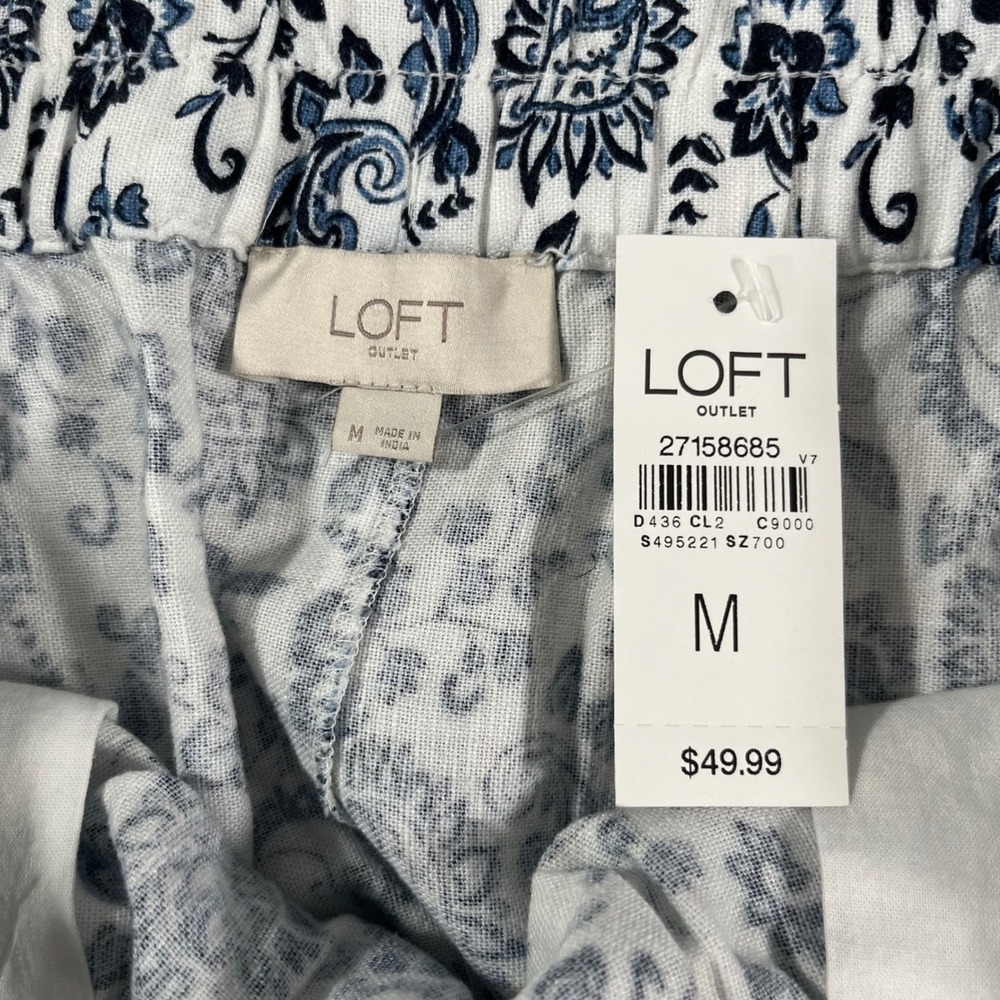 NWT LOFT Women's Medium Blue White Floral Print paisley a-line linen skirt - Picture 5 of 8
